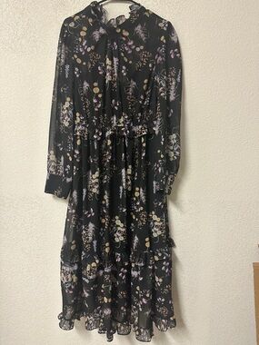 N by NANCY Black Floral Ruffle Midi Dress - Elegant Long Sleeve Size XXL